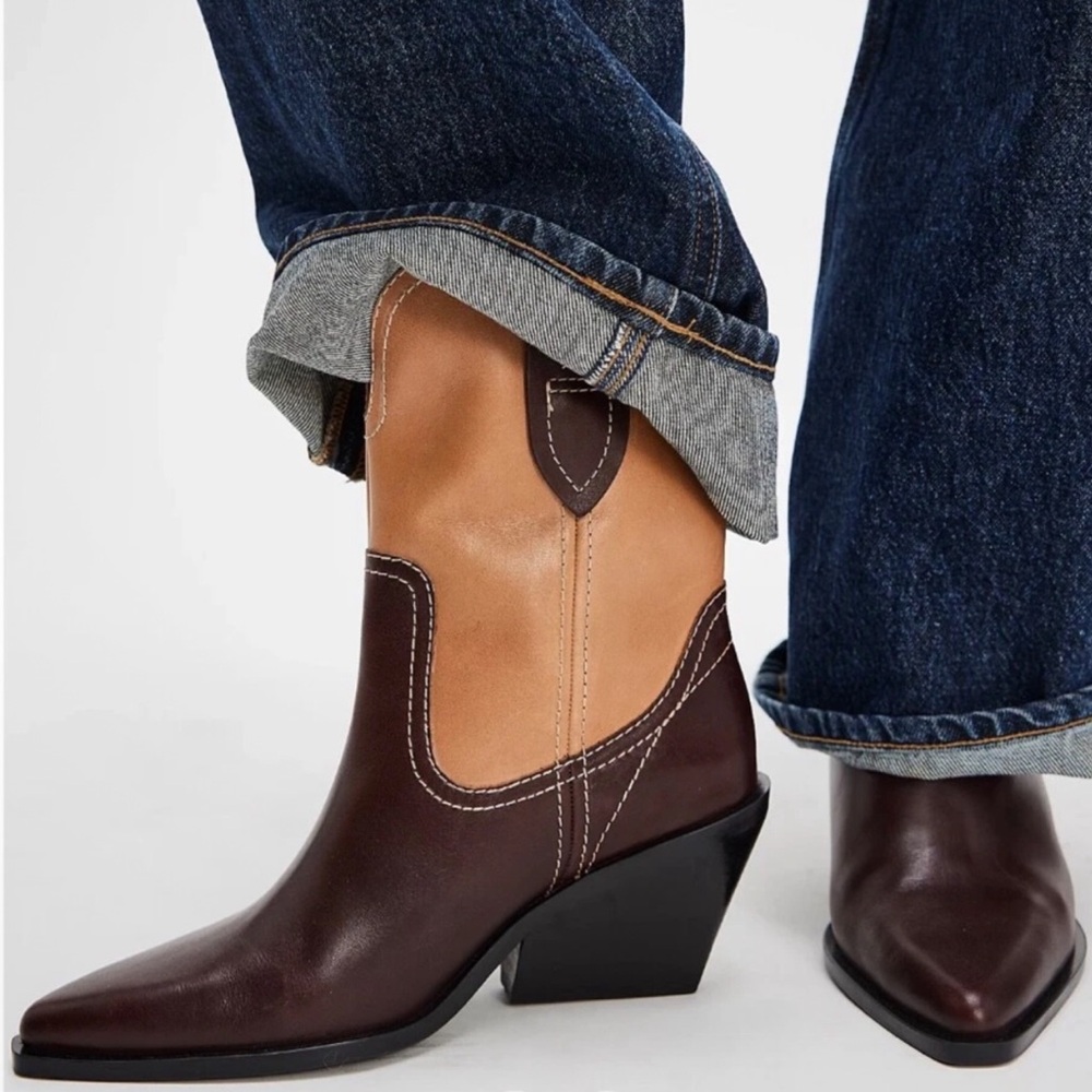 Free People Pitchfork Point Western Expresso/Camel Leather Boots Womens Size 6